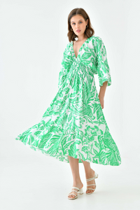 Oversized Flutter Sleeves Shirred Waist V Neck Midi Dress with Floral Print in Green and White