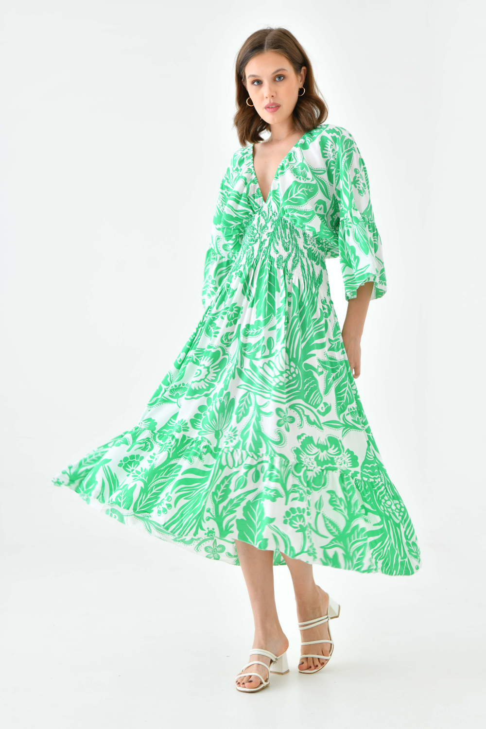 Oversized Flutter Sleeves Shirred Waist V Neck Midi Dress with Floral Print in Green and White