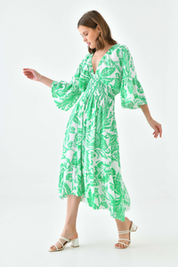 Oversized Flutter Sleeves Shirred Waist V Neck Midi Dress with Floral Print in Green and White