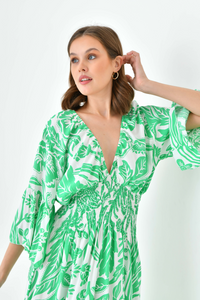 Oversized Flutter Sleeves Shirred Waist V Neck Midi Dress with Floral Print in Green and White