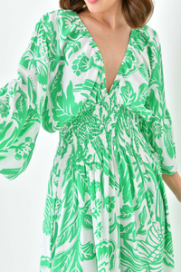 Oversized Flutter Sleeves Shirred Waist V Neck Midi Dress with Floral Print in Green and White