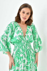 Oversized Flutter Sleeves Shirred Waist V Neck Midi Dress with Floral Print in Green and White