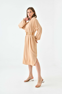 Oversized Long Sleeves V Neck Midi Dress with Matching Belt in Beige