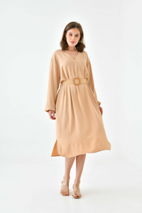 Oversized Long Sleeves V Neck Midi Dress with Matching Belt in Beige