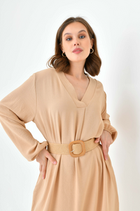 Oversized Long Sleeves V Neck Midi Dress with Matching Belt in Beige