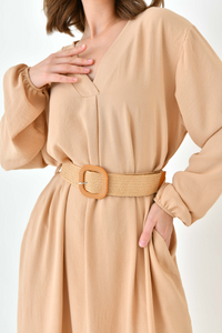 Oversized Long Sleeves V Neck Midi Dress with Matching Belt in Beige