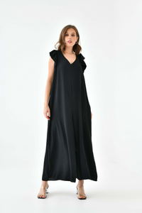 Oversized Back Detailed Ruffle Sleeve V Neck Jumpsuit with Wide Leg in Black