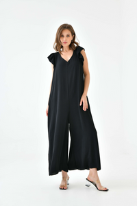 Oversized Back Detailed Ruffle Sleeve V Neck Jumpsuit with Wide Leg in Black