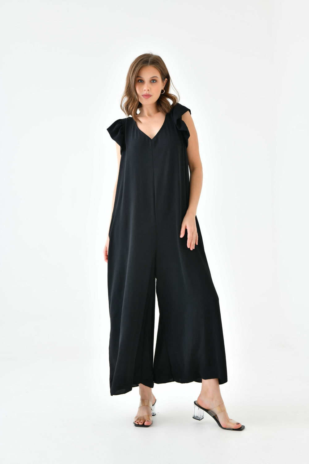 Oversized Back Detailed Ruffle Sleeve V Neck Jumpsuit with Wide Leg in Black
