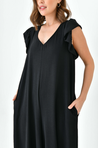 Oversized Back Detailed Ruffle Sleeve V Neck Jumpsuit with Wide Leg in Black