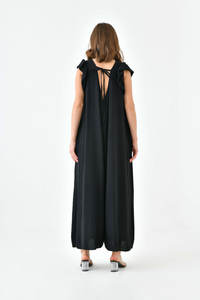 Oversized Back Detailed Ruffle Sleeve V Neck Jumpsuit with Wide Leg in Black
