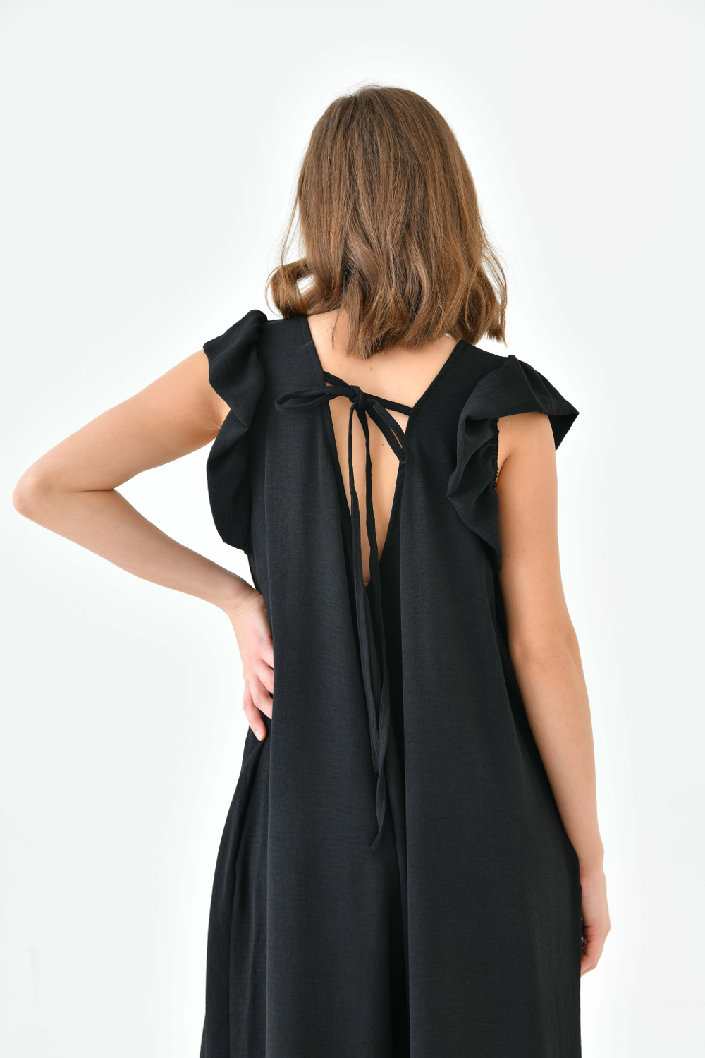 Oversized Back Detailed Ruffle Sleeve V Neck Jumpsuit with Wide Leg in Black