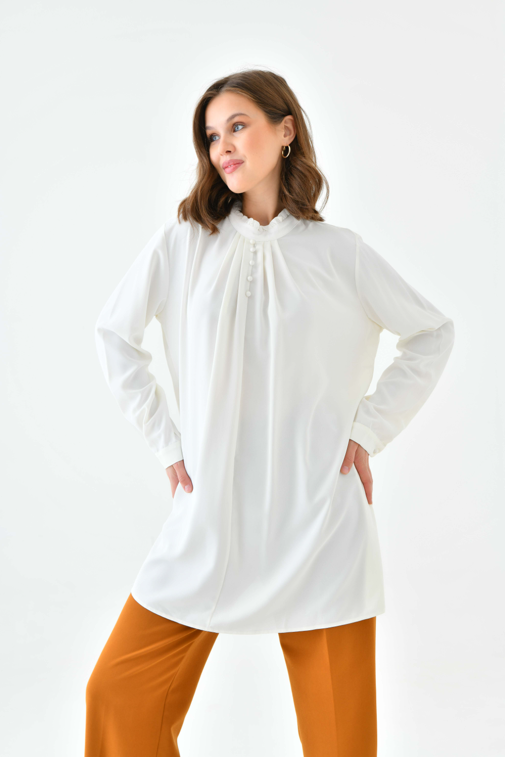 Oversized Long Sleeve Button Detailed Tunic Top in White