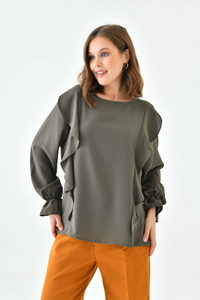 Oversized Frilled Front Blouse with Detailed Cuffs in Khaki