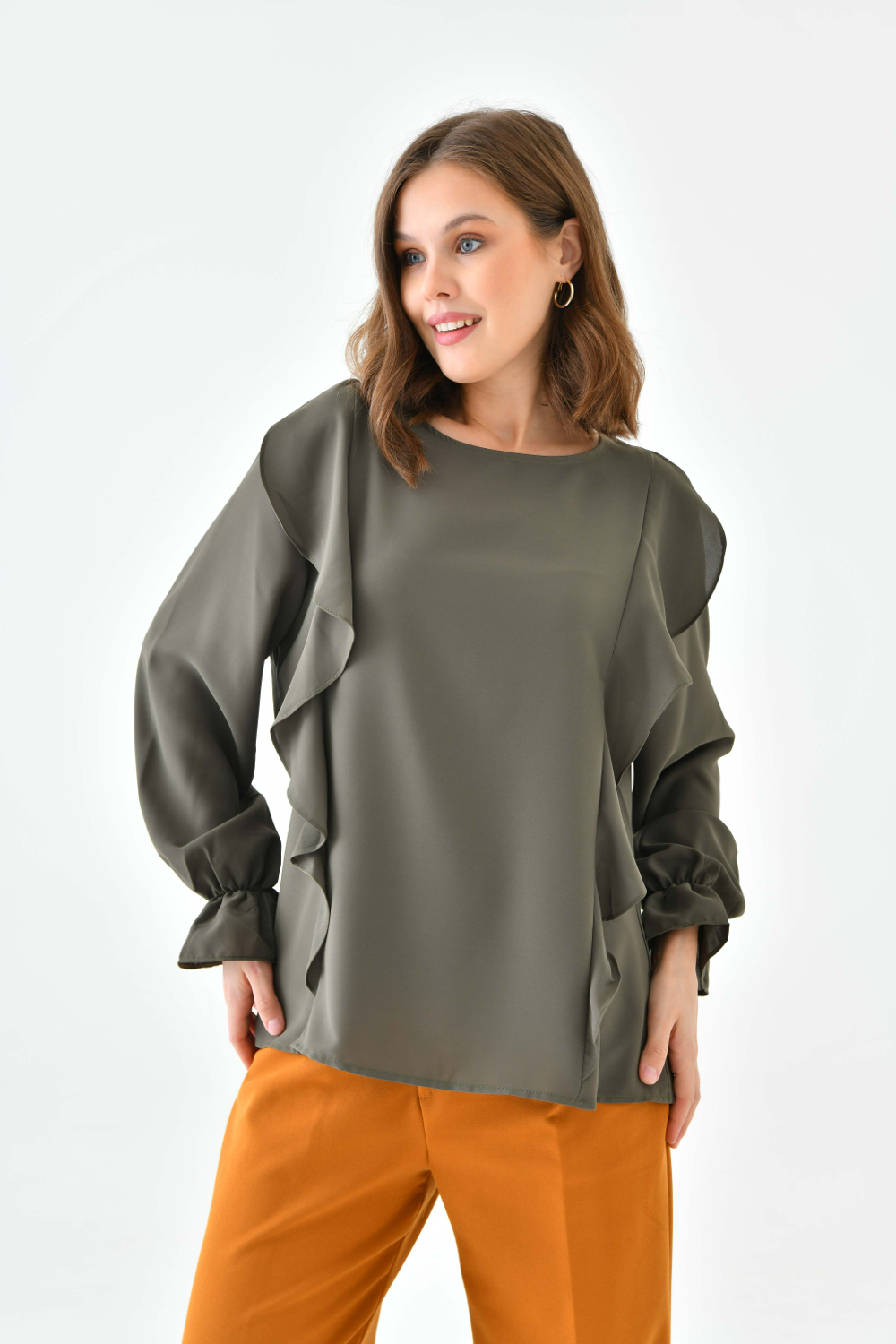 Oversized Frilled Front Blouse with Detailed Cuffs in Khaki