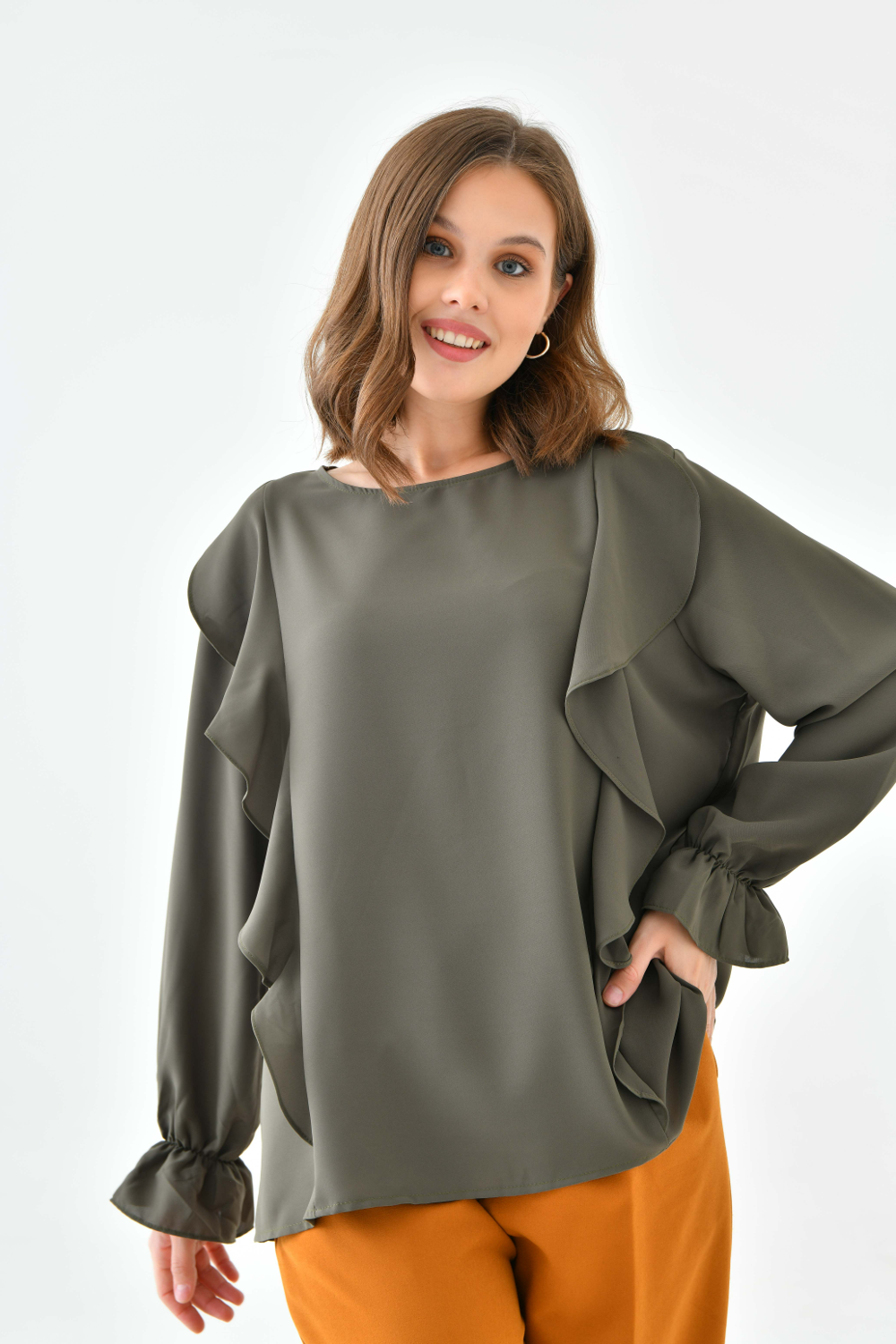 Oversized Frilled Front Blouse with Detailed Cuffs in Khaki