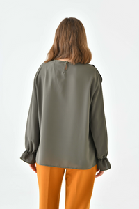 Oversized Frilled Front Blouse with Detailed Cuffs in Khaki