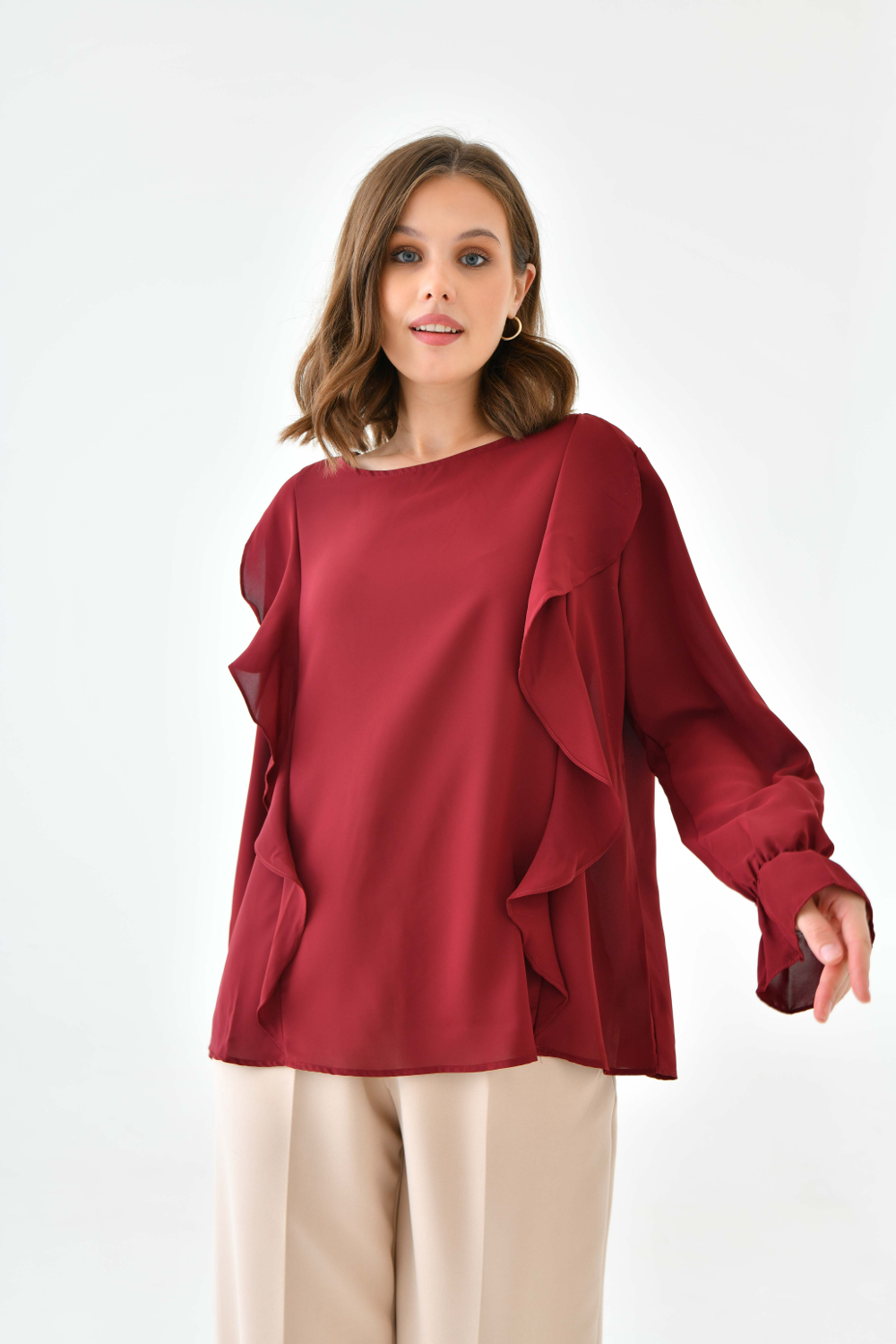 Oversized Frilled Front Blouse with Detailed Cuffs in Burgundy