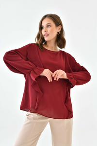 Oversized Frilled Front Blouse with Detailed Cuffs in Burgundy