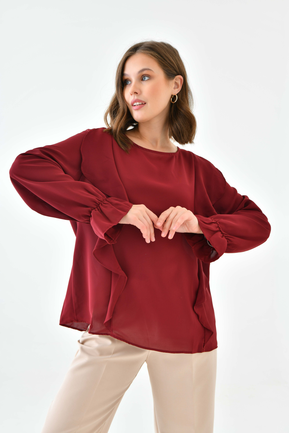 Oversized Frilled Front Blouse with Detailed Cuffs in Burgundy