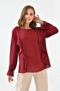 Oversized Frilled Front Blouse with Detailed Cuffs in Burgundy