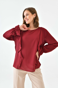 Oversized Frilled Front Blouse with Detailed Cuffs in Burgundy