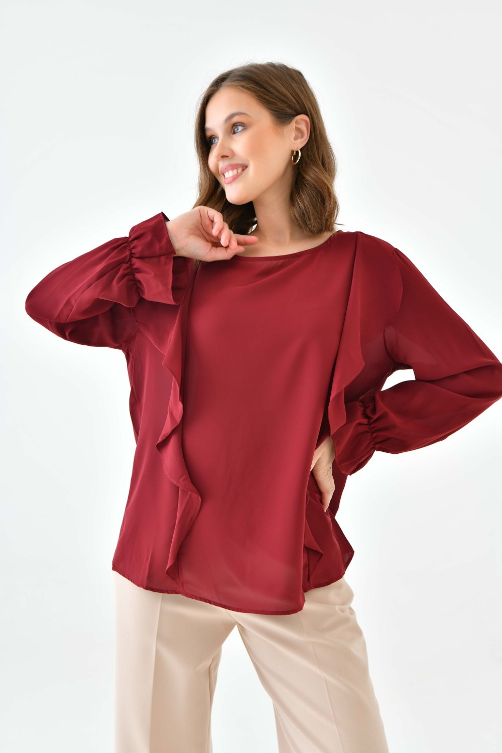 Oversized Frilled Front Blouse with Detailed Cuffs in Burgundy