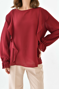 Oversized Frilled Front Blouse with Detailed Cuffs in Burgundy