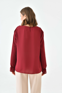 Oversized Frilled Front Blouse with Detailed Cuffs in Burgundy