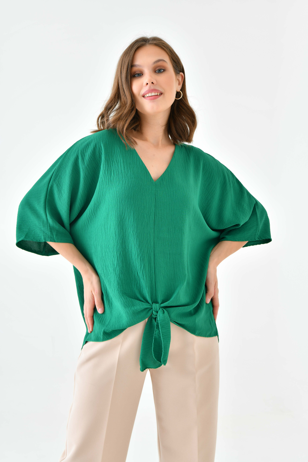 Oversized V Neck Tie Front Detailed Blouse with 3/4 Sleeves in Green