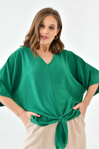 Oversized V Neck Tie Front Detailed Blouse with 3/4 Sleeves in Green