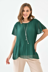 Oversized Round Neck Short Sleeve Pleated Blouse in Green with Necklace
