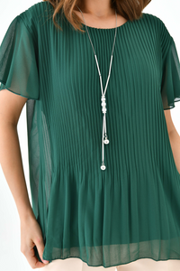 Oversized Round Neck Short Sleeve Pleated Blouse in Green with Necklace