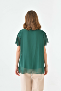 Oversized Round Neck Short Sleeve Pleated Blouse in Green with Necklace