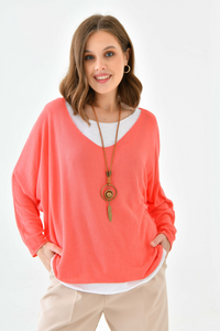 Oversized Long Sleeve Layered Blouse With Necklace in Coral and White
