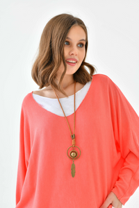 Oversized Long Sleeve Layered Blouse With Necklace in Coral and White