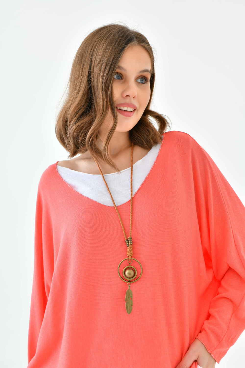 Oversized Long Sleeve Layered Blouse With Necklace in Coral and White