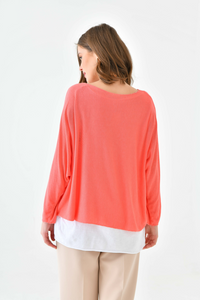 Oversized Long Sleeve Layered Blouse With Necklace in Coral and White