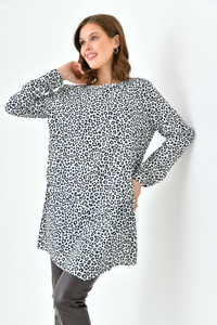 Oversized 3/4 Sleeves Crew Neck Layered Tunic with Leopard Print in Brown and White