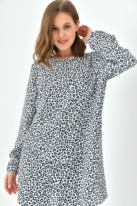 Oversized 3/4 Sleeves Crew Neck Layered Tunic with Leopard Print in Brown and White