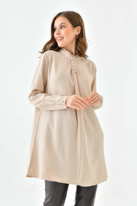 Oversized Long Sleeve Button Detailed Tunic Top in Beige