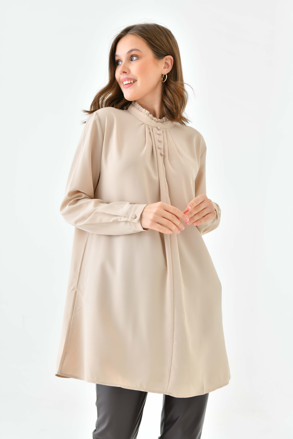 Oversized Long Sleeve Button Detailed Tunic Top in Beige