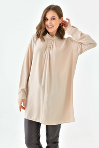 Oversized Long Sleeve Button Detailed Tunic Top in Beige