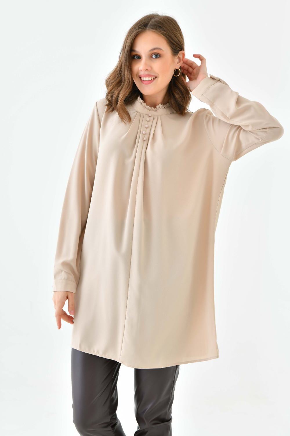 Oversized Long Sleeve Button Detailed Tunic Top in Beige