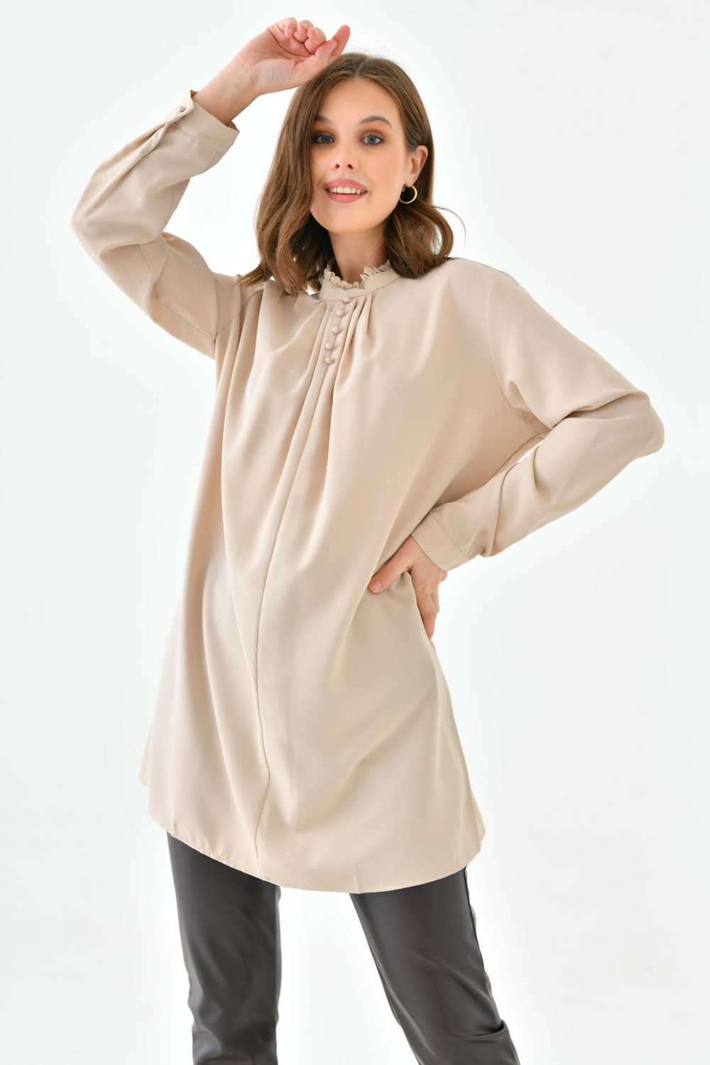 Oversized Long Sleeve Button Detailed Tunic Top in Beige