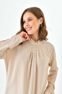 Oversized Long Sleeve Button Detailed Tunic Top in Beige