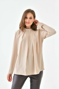 Oversized Long Sleeves Brooch Detailed Top in Beige