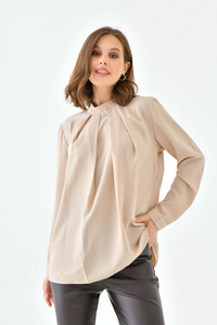 Oversized Long Sleeves Brooch Detailed Top in Beige