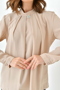 Oversized Long Sleeves Brooch Detailed Top in Beige