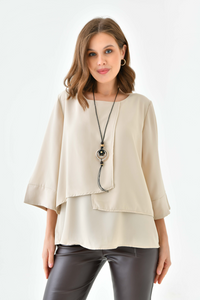 Oversized Fit 3/4 Sleeve Asymmetric Layered Blouse in Beige with Necklace
